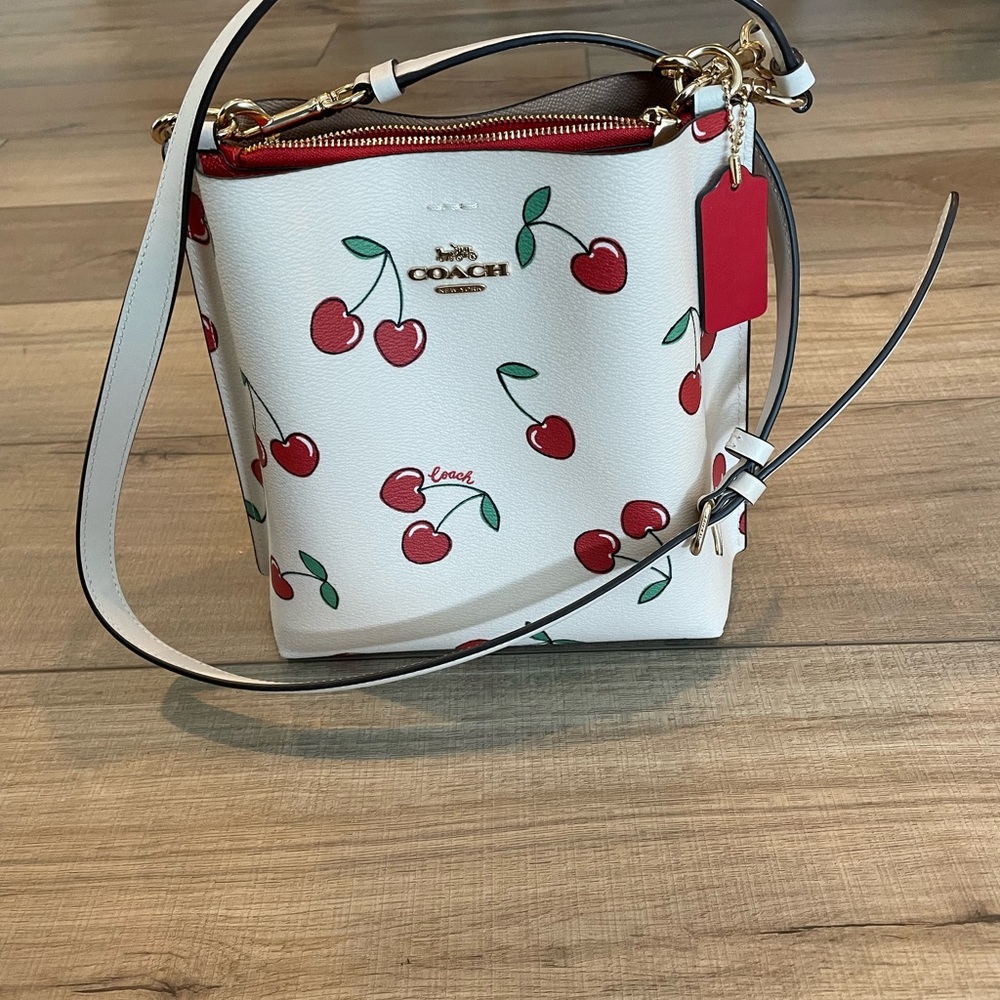 Coach White Cherry Print Women's Bucket Bag Mollie Purse Handbag Pocketbook